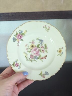 Vintage Floral Cream Porcelain Dessert Plate with Gold Trim